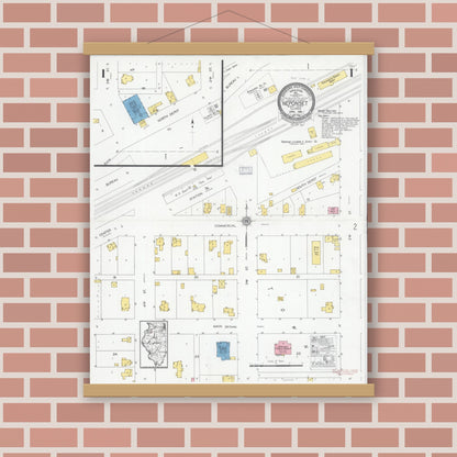 Old map wall art mockup — magnetic wood frame on brick wall — Sanborn Fire Insurance Map from Neponset, Bureau County, Illinois (1928), Sheet #0001