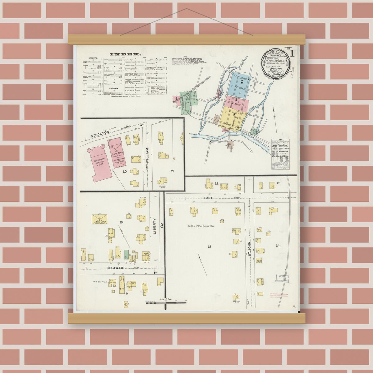 Old map wall art mockup — magnetic wood frame on brick wall — Sanborn Fire Insurance Map from Walton, Delaware County, New York (1897), Sheet #0001