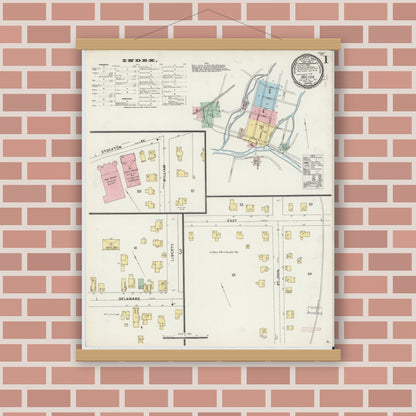 Old map wall art mockup — magnetic wood frame on brick wall — Sanborn Fire Insurance Map from Walton, Delaware County, New York (1897), Sheet #0001