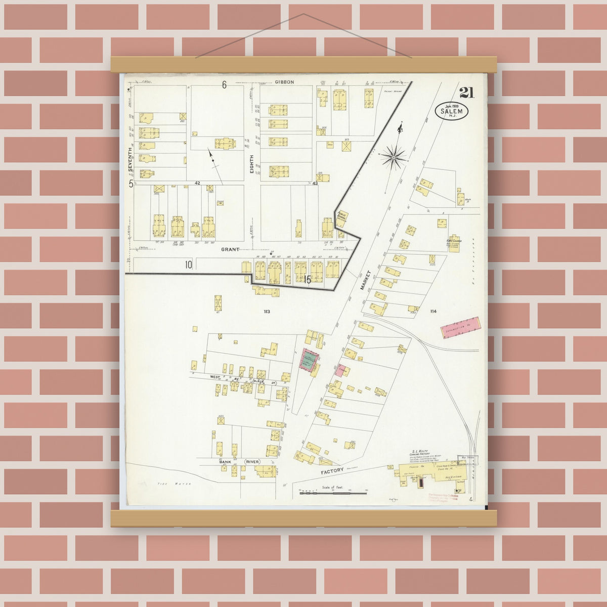 Old map wall art mockup — magnetic wood frame on brick wall — Sanborn Fire Insurance Map from Salem, Salem County, New Jersey (1909), Sheet #0021