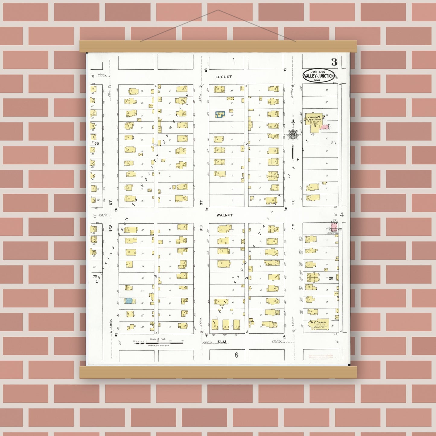Old map wall art mockup — magnetic wood frame on brick wall — Sanborn Fire Insurance Map from Valley Junction, Polk County, Iowa (1920), Sheet #0003