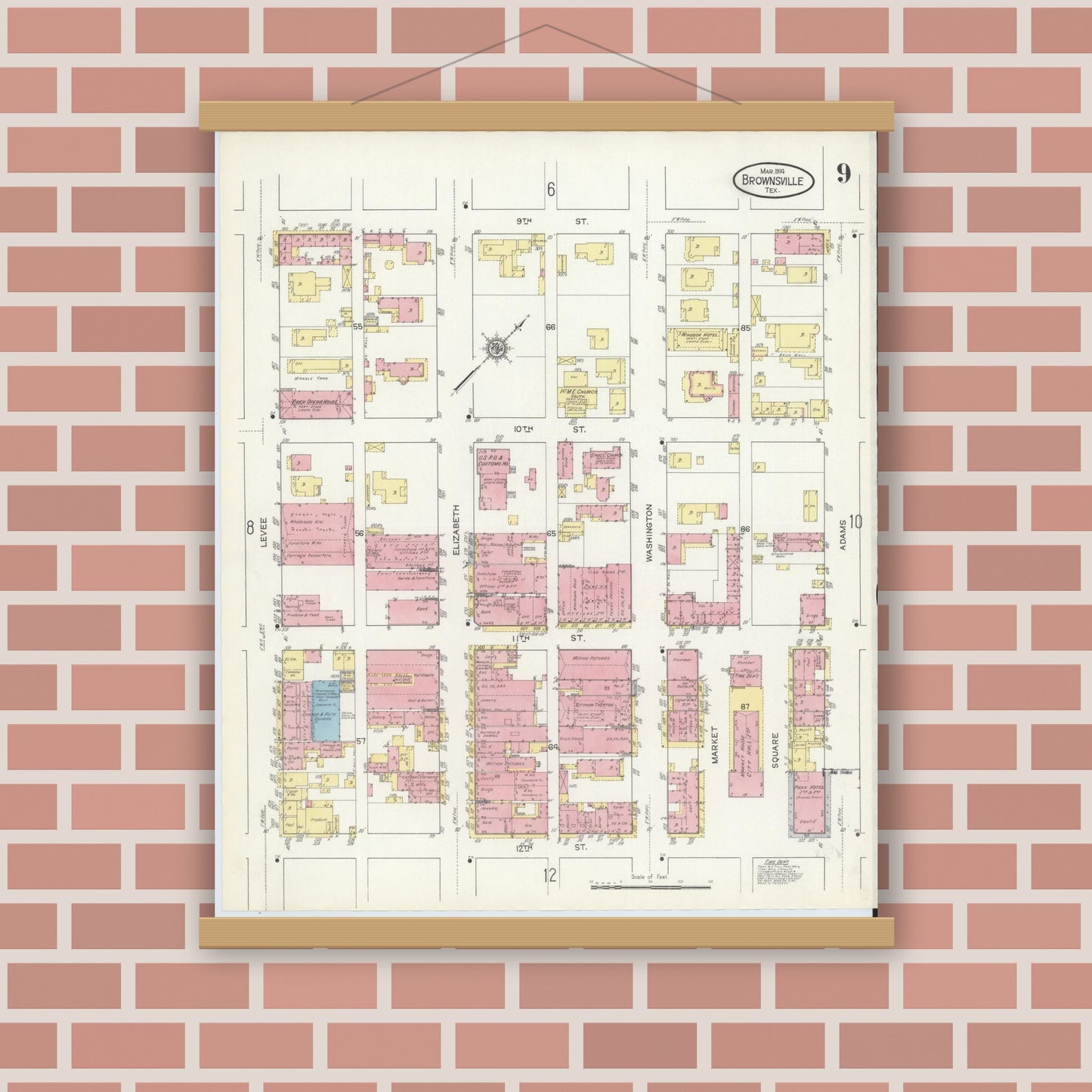 Old map wall art mockup — magnetic wood frame on brick wall — Sanborn Fire Insurance Map from Brownsville, Cameron County, Texas (1914), Sheet #0009