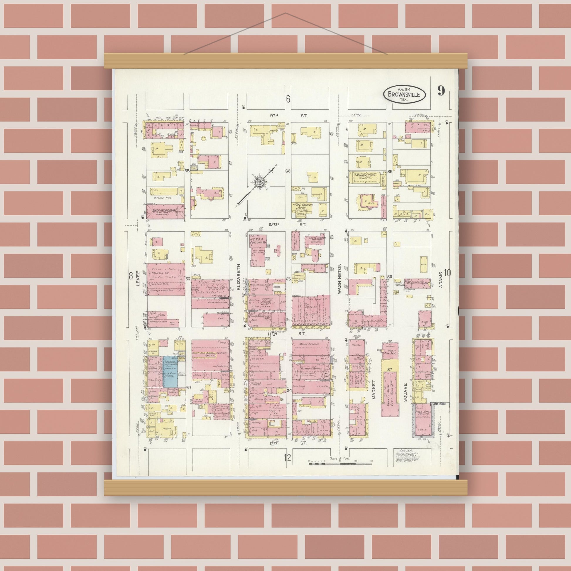 Old map wall art mockup — magnetic wood frame on brick wall — Sanborn Fire Insurance Map from Brownsville, Cameron County, Texas (1914), Sheet #0009