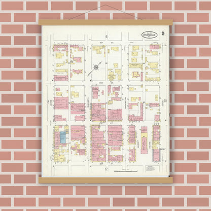 Old map wall art mockup — magnetic wood frame on brick wall — Sanborn Fire Insurance Map from Brownsville, Cameron County, Texas (1914), Sheet #0009