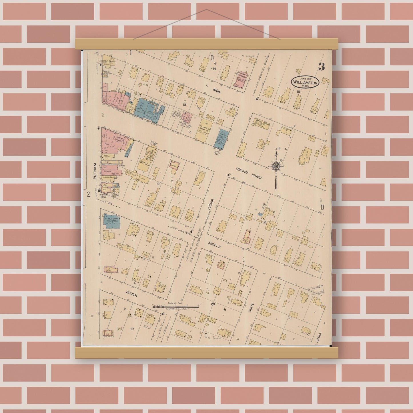 Old map wall art mockup — magnetic wood frame on brick wall — Sanborn Fire Insurance Map from Williamston, Ingham County, Michigan (1922), Sheet #0003