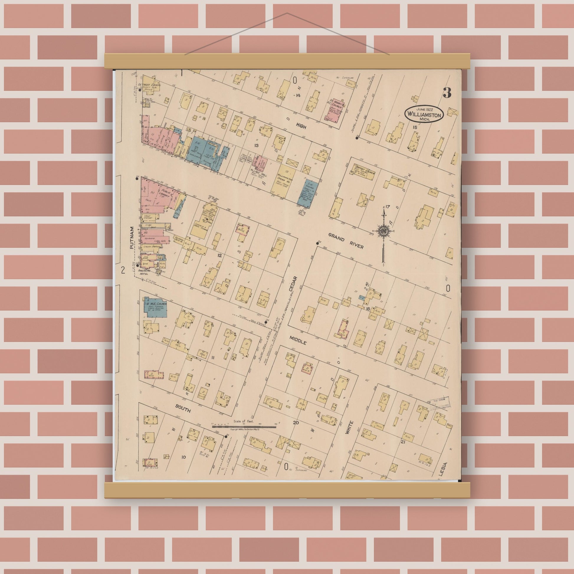 Old map wall art mockup — magnetic wood frame on brick wall — Sanborn Fire Insurance Map from Williamston, Ingham County, Michigan (1922), Sheet #0003