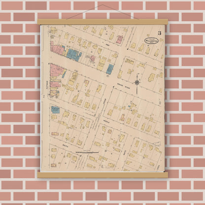 Old map wall art mockup — magnetic wood frame on brick wall — Sanborn Fire Insurance Map from Williamston, Ingham County, Michigan (1922), Sheet #0003