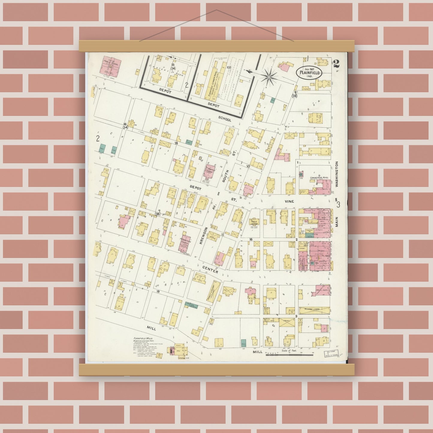 Old map wall art mockup — magnetic wood frame on brick wall — Sanborn Fire Insurance Map from Plainfield, Hendricks County, Indiana (1907), Sheet #0002