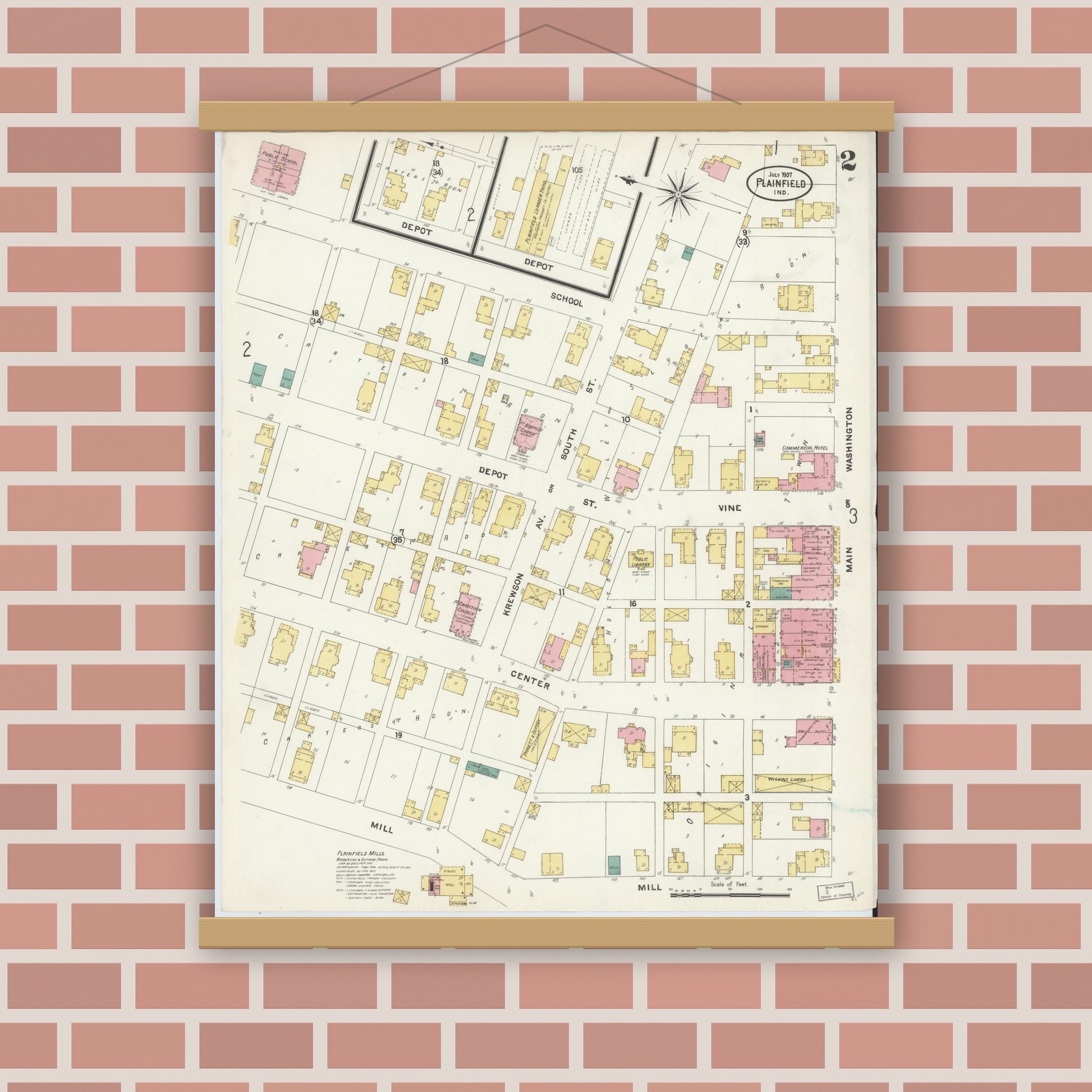 Old map wall art mockup — magnetic wood frame on brick wall — Sanborn Fire Insurance Map from Plainfield, Hendricks County, Indiana (1907), Sheet #0002