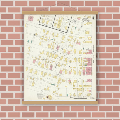 Old map wall art mockup — magnetic wood frame on brick wall — Sanborn Fire Insurance Map from Plainfield, Hendricks County, Indiana (1907), Sheet #0002