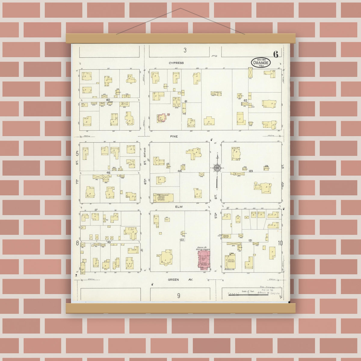 Old map wall art mockup — magnetic wood frame on brick wall — Sanborn Fire Insurance Map from Orange, Orange County, Texas (1914), Sheet #0006