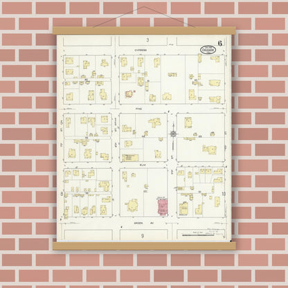 Old map wall art mockup — magnetic wood frame on brick wall — Sanborn Fire Insurance Map from Orange, Orange County, Texas (1914), Sheet #0006