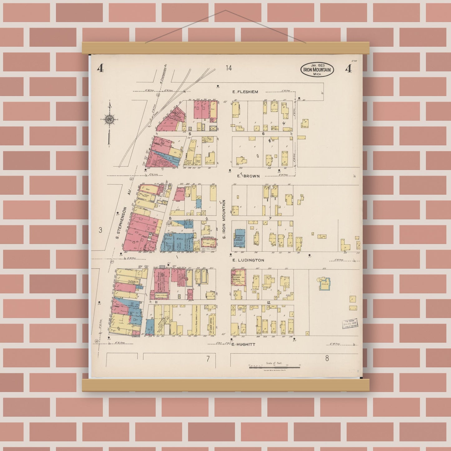 Old map wall art mockup — magnetic wood frame on brick wall — Sanborn Fire Insurance Map from Iron Mountain, Dickinson County, Michigan (1923), Sheet #0004