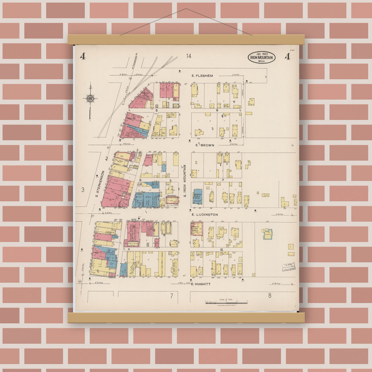 Old map wall art mockup — magnetic wood frame on brick wall — Sanborn Fire Insurance Map from Iron Mountain, Dickinson County, Michigan (1923), Sheet #0004