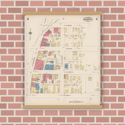 Old map wall art mockup — magnetic wood frame on brick wall — Sanborn Fire Insurance Map from Iron Mountain, Dickinson County, Michigan (1923), Sheet #0004