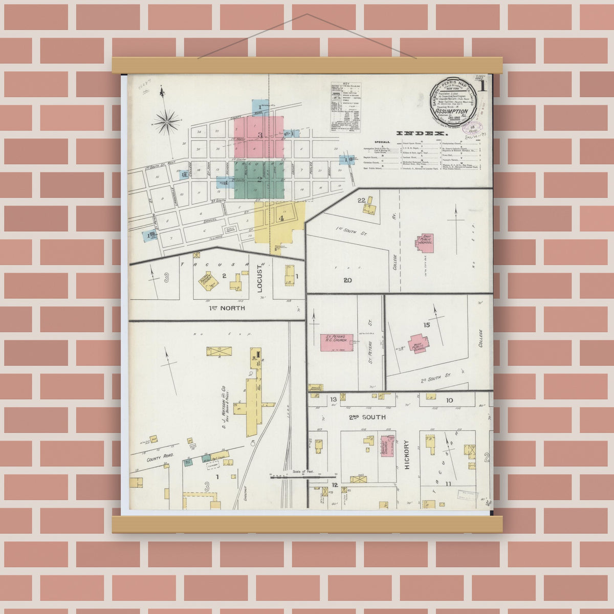Old map wall art mockup — magnetic wood frame on brick wall — Sanborn Fire Insurance Map from Assumption, Christian County, Illinois (1893) - Complete Map Set