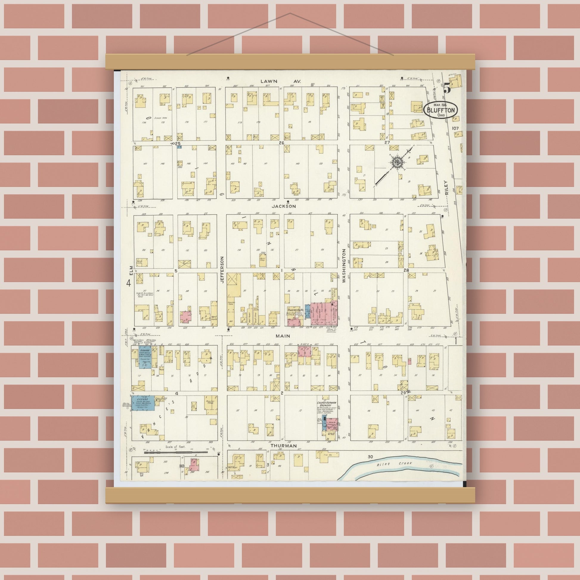 Old map wall art mockup — magnetic wood frame on brick wall — Sanborn Fire Insurance Map from Bluffton, Allen County, Ohio (1916), Sheet #0005