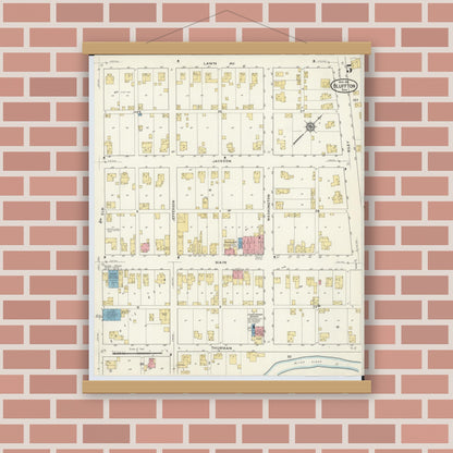 Old map wall art mockup — magnetic wood frame on brick wall — Sanborn Fire Insurance Map from Bluffton, Allen County, Ohio (1916), Sheet #0005