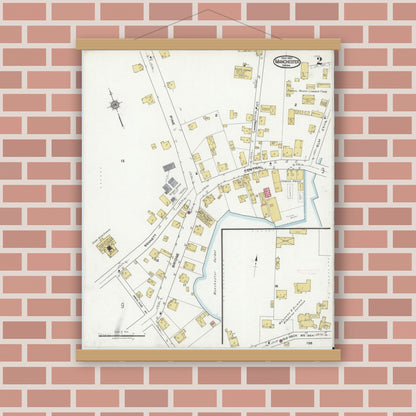 Old map wall art mockup — magnetic wood frame on brick wall — Sanborn Fire Insurance Map from Manchester, Essex County, Massachusetts (1921), Sheet #0002
