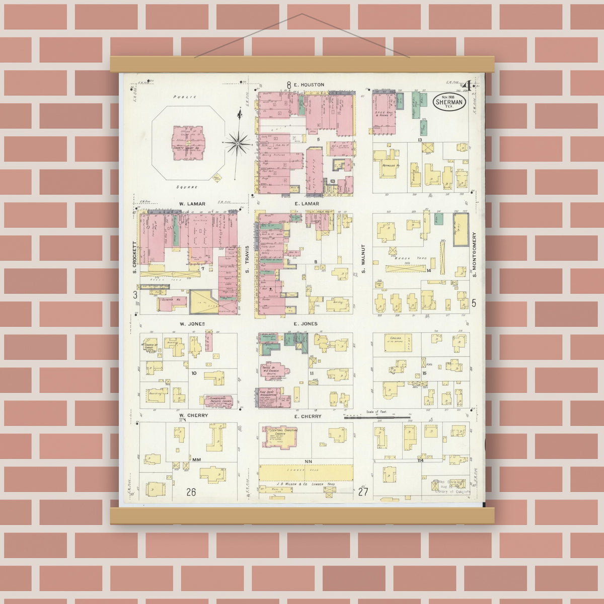 Old map wall art mockup — magnetic wood frame on brick wall — Sanborn Fire Insurance Map from Sherman, Grayson County, Texas (1908), Sheet #0004