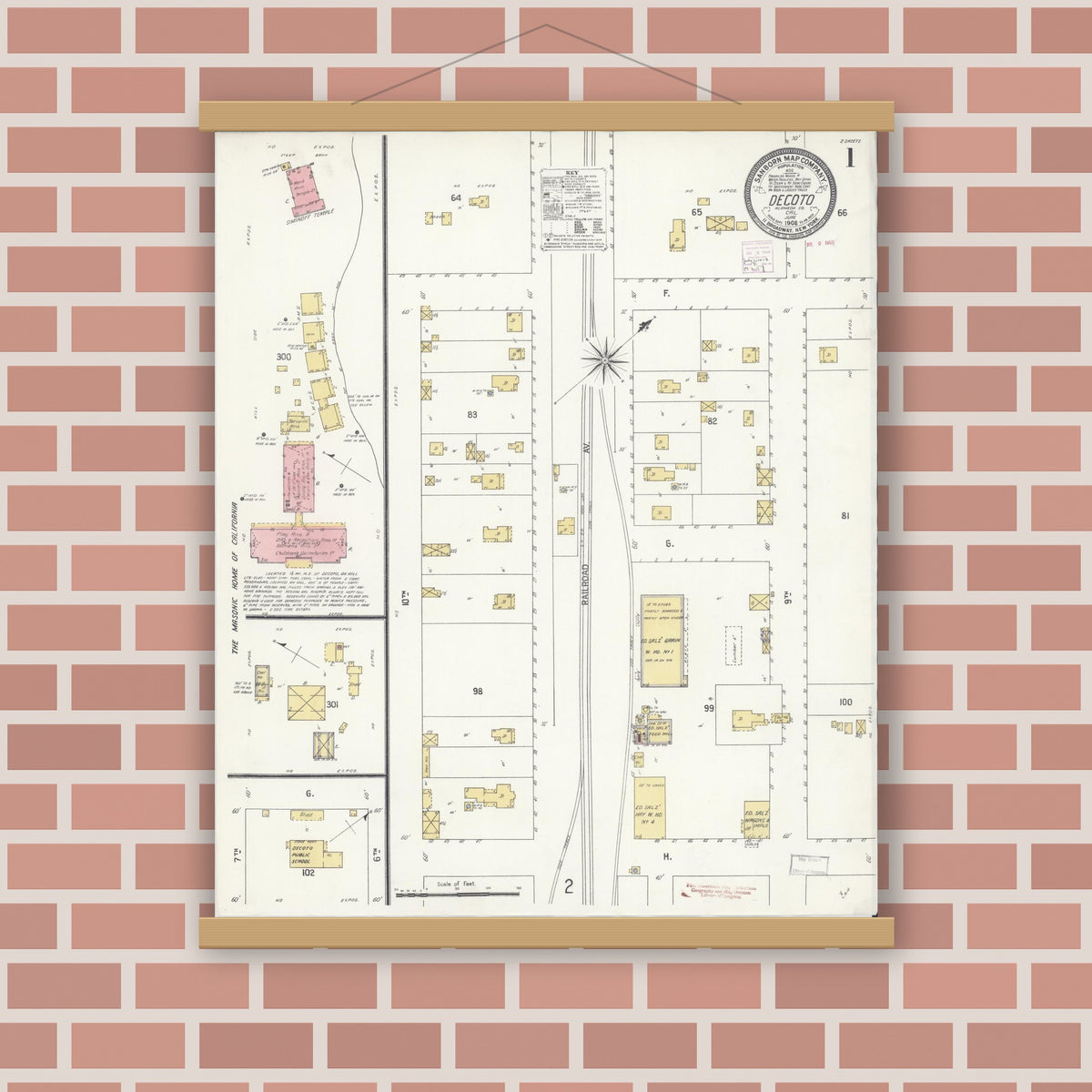 Old map wall art mockup — magnetic wood frame on brick wall — Sanborn Fire Insurance Map from Decota, Alameda County, California (1908), Sheet #0001