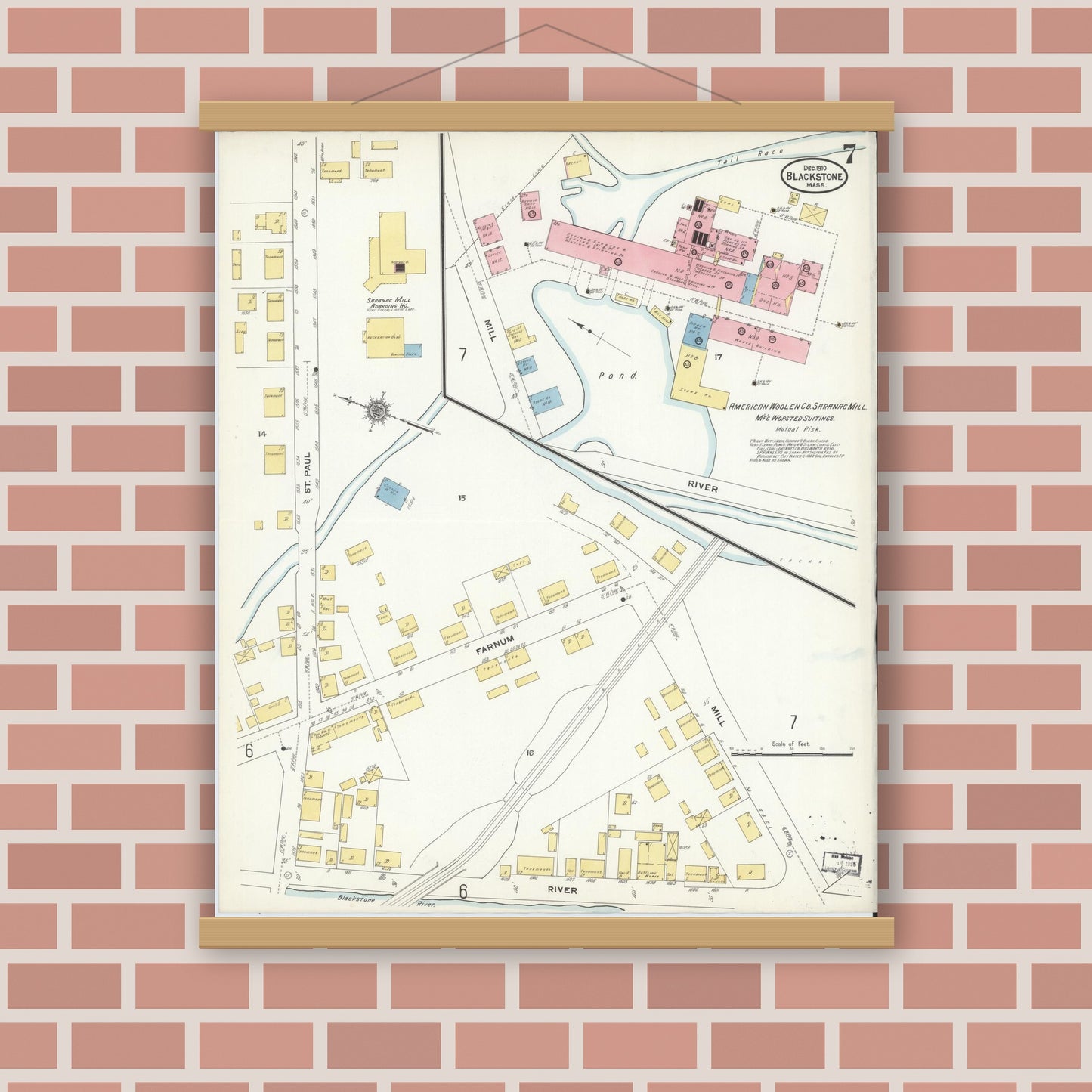 Old map wall art mockup — magnetic wood frame on brick wall — Sanborn Fire Insurance Map from Blackstone, Worcester County, Massachusetts (1910), Sheet #0007