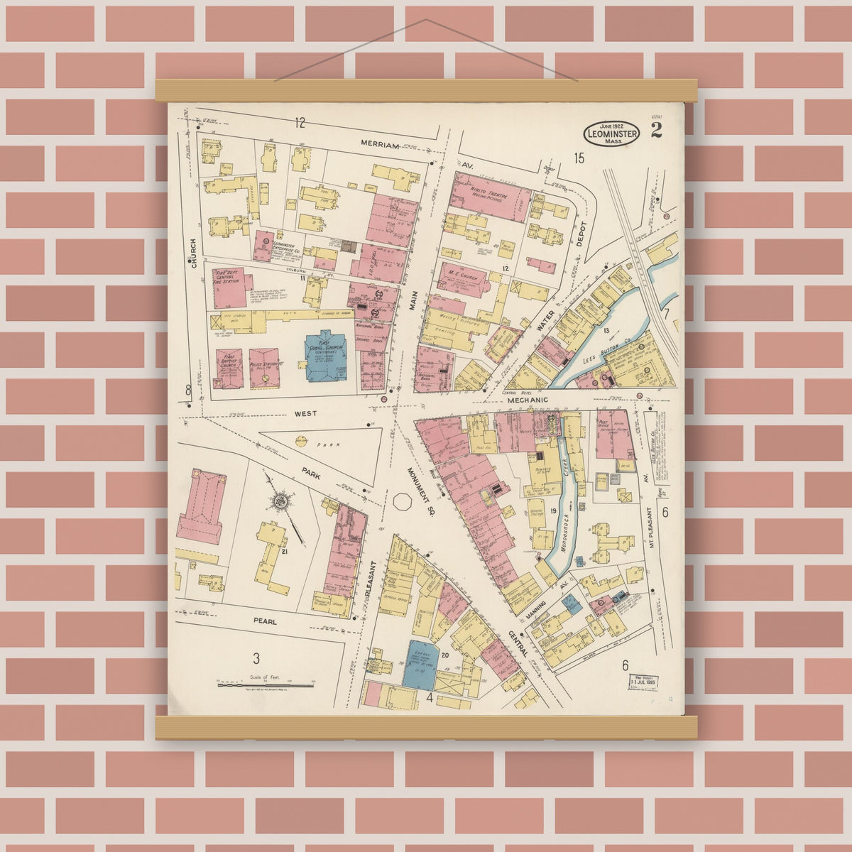 Old map wall art mockup — magnetic wood frame on brick wall — Sanborn Fire Insurance Map from Leominster, Worcester County, Massachusetts (1922), Sheet #0002