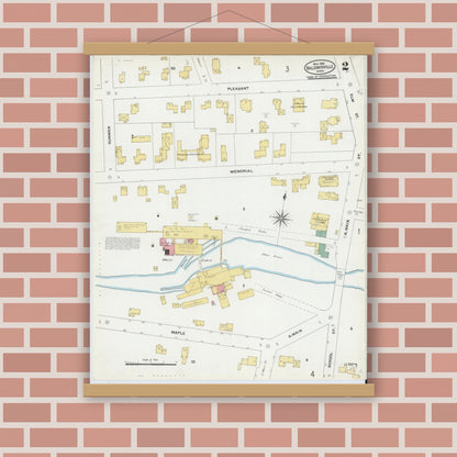 Old map wall art mockup — magnetic wood frame on brick wall — Sanborn Fire Insurance Map from Baldwinville, Worcester County, Massachusetts (1905), Sheet #0002