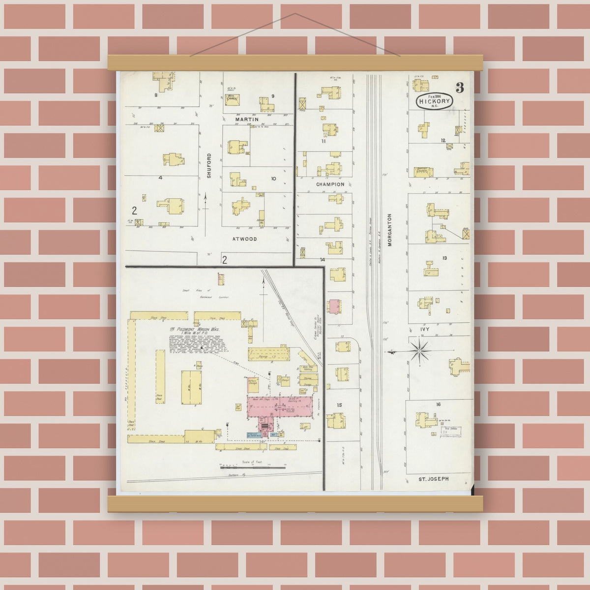 Old map wall art mockup — magnetic wood frame on brick wall — Sanborn Fire Insurance Map from Hickory, Catawba County, North Carolina (1896), Sheet #0003