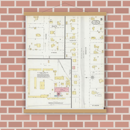 Old map wall art mockup — magnetic wood frame on brick wall — Sanborn Fire Insurance Map from Hickory, Catawba County, North Carolina (1896), Sheet #0003