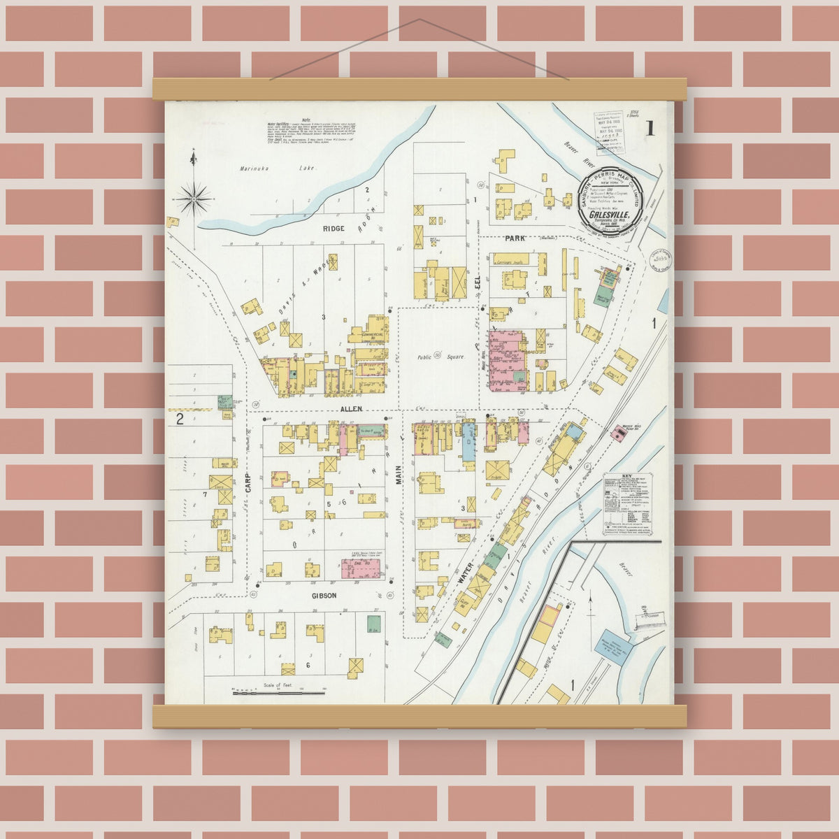 Old map wall art mockup — magnetic wood frame on brick wall — Sanborn Fire Insurance Map from Galesville, Trempealeau County, Wisconsin (1900) - Complete Map Set