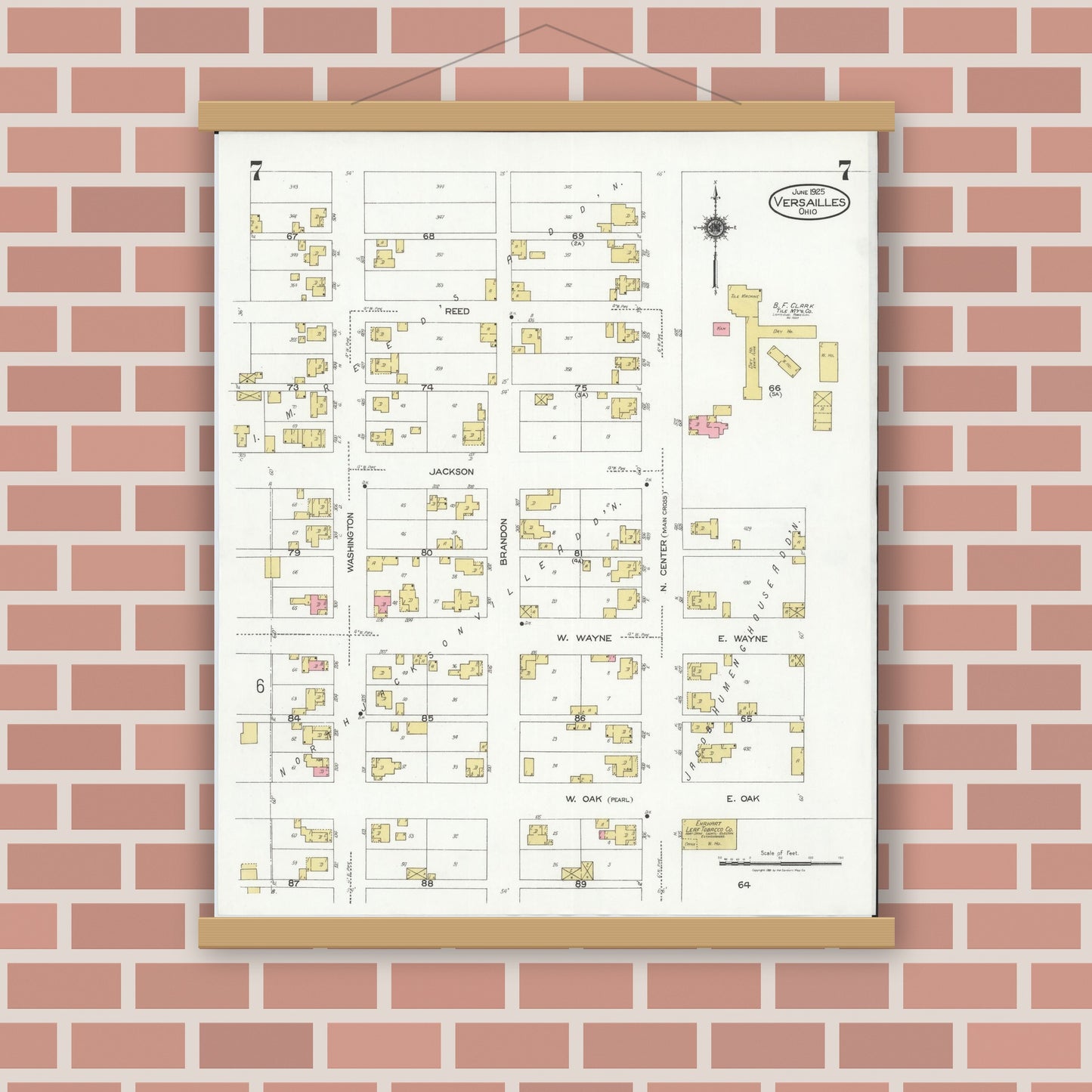 Old map wall art mockup — magnetic wood frame on brick wall — Sanborn Fire Insurance Map from Versailles, Darke County, Ohio (1925), Sheet #0007