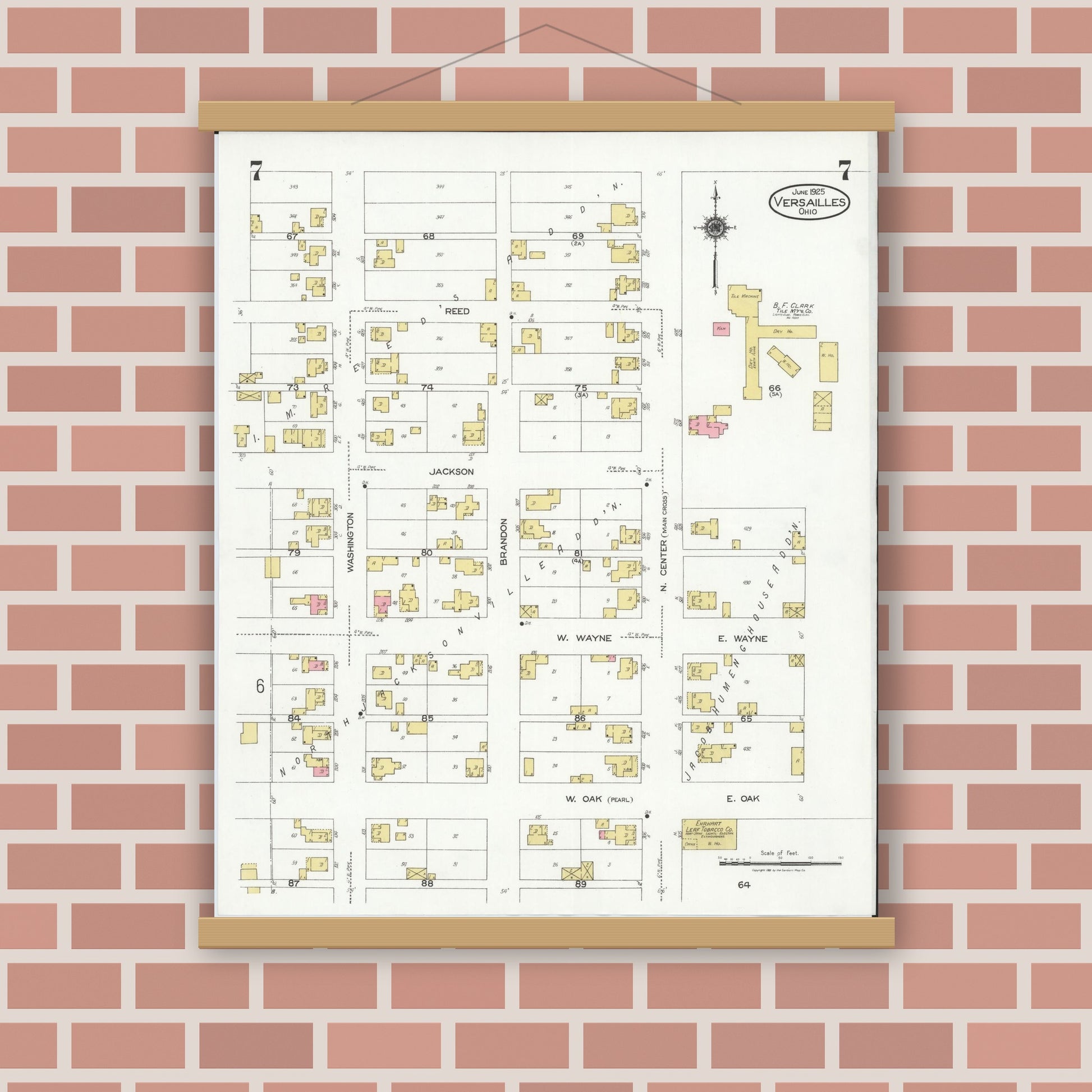 Old map wall art mockup — magnetic wood frame on brick wall — Sanborn Fire Insurance Map from Versailles, Darke County, Ohio (1925), Sheet #0007