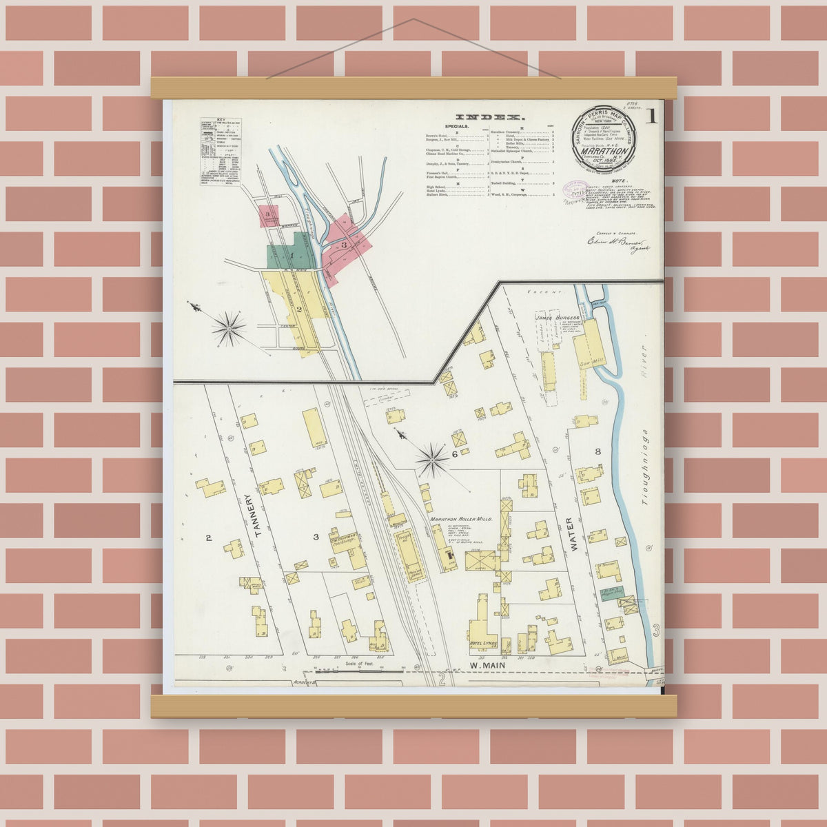 Old map wall art mockup — magnetic wood frame on brick wall — Sanborn Fire Insurance Map from Marathon, Cortland County, New York (1893) - Complete Map Set