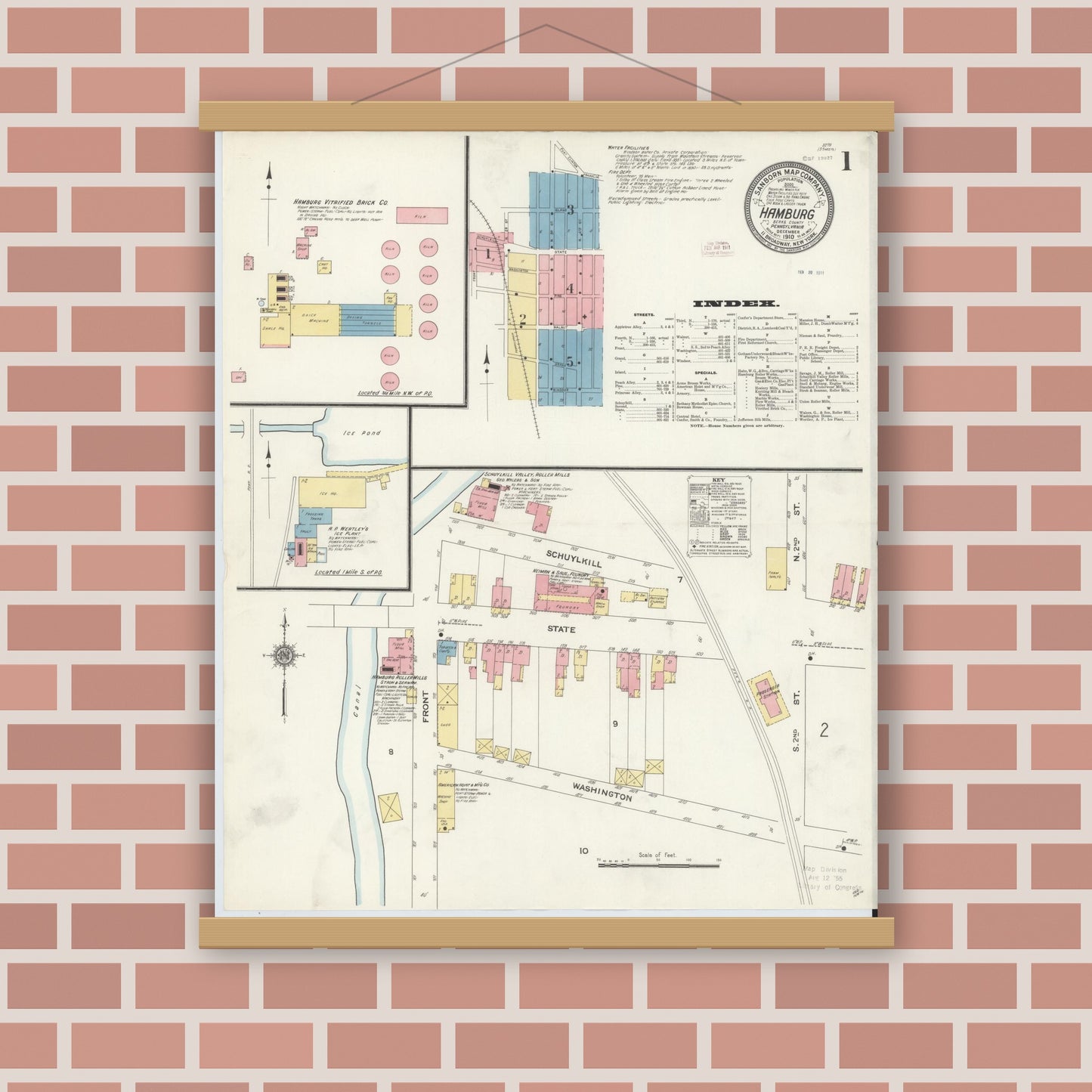 Old map wall art mockup — magnetic wood frame on brick wall — Sanborn Fire Insurance Map from Hamburg, Berks County, Pennsylvania (1910) - Complete Map Set