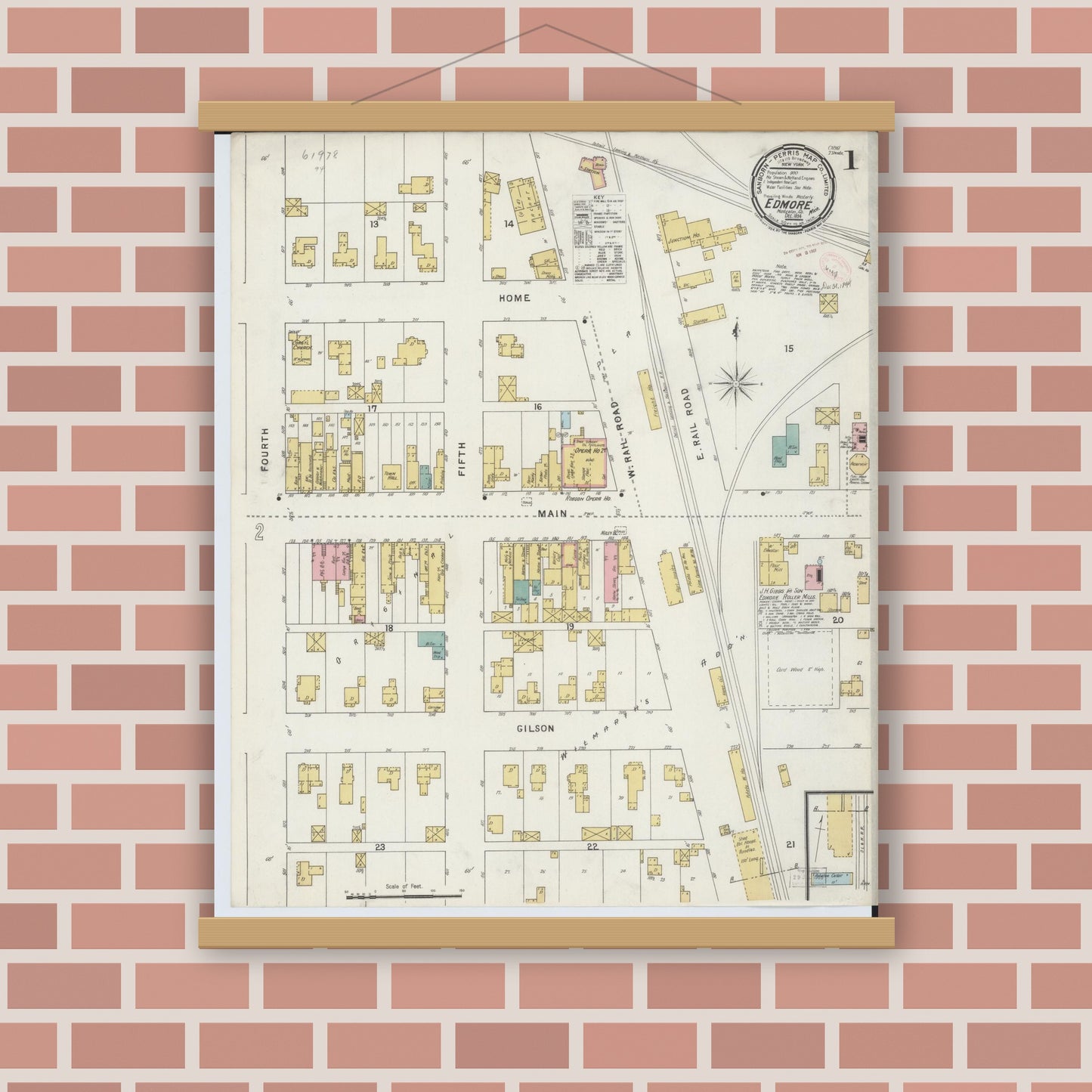 Old map wall art mockup — magnetic wood frame on brick wall — Sanborn Fire Insurance Map from Edmore, Montcalm County, Michigan (1894) - Complete Map Set