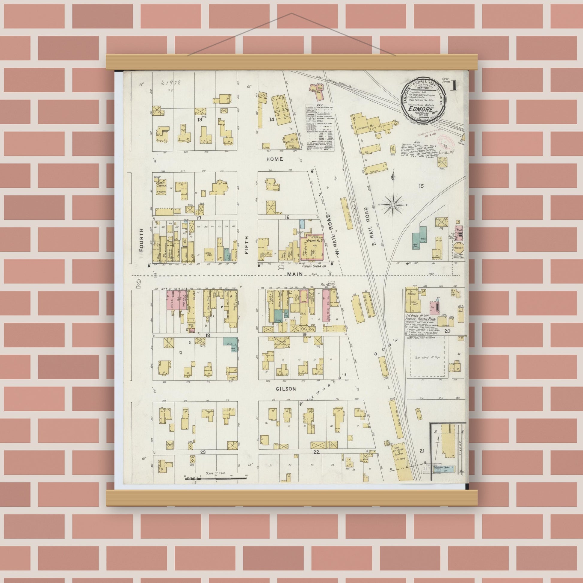 Old map wall art mockup — magnetic wood frame on brick wall — Sanborn Fire Insurance Map from Edmore, Montcalm County, Michigan (1894) - Complete Map Set