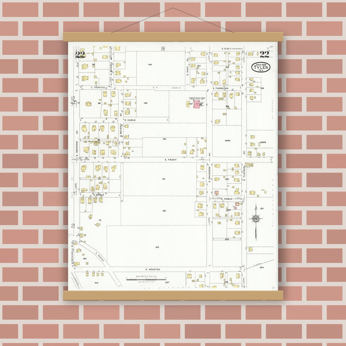 Old map wall art mockup — magnetic wood frame on brick wall — Sanborn Fire Insurance Map from Tyler, Smith County, Texas (1928), Sheet #0022