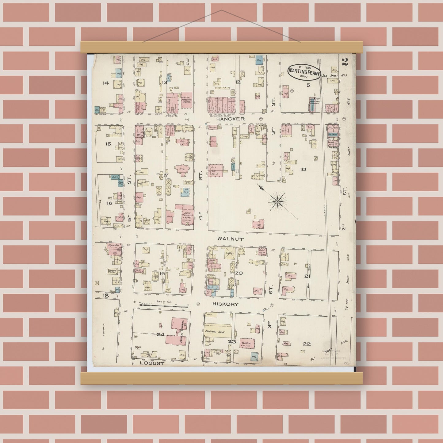 Old map wall art mockup — magnetic wood frame on brick wall — Sanborn Fire Insurance Map from Martins Ferry, Belmont County, Ohio (Unknown), Sheet #0002