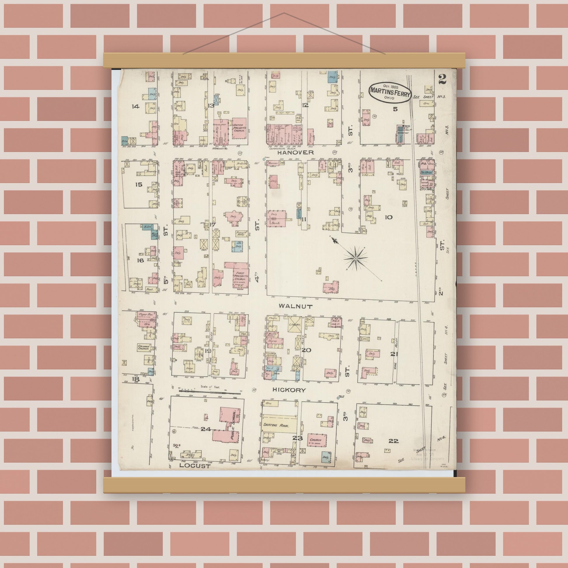 Old map wall art mockup — magnetic wood frame on brick wall — Sanborn Fire Insurance Map from Martins Ferry, Belmont County, Ohio (Unknown), Sheet #0002