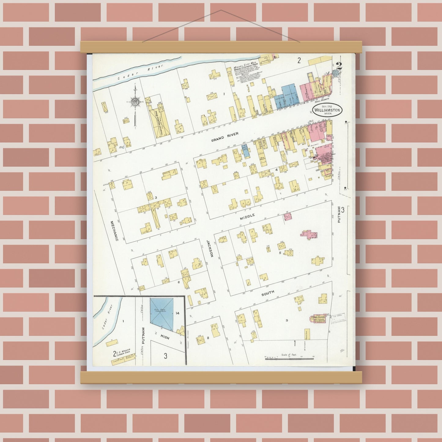 Old map wall art mockup — magnetic wood frame on brick wall — Sanborn Fire Insurance Map from Williamston, Ingham County, Michigan (1910), Sheet #0002