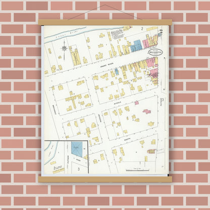 Old map wall art mockup — magnetic wood frame on brick wall — Sanborn Fire Insurance Map from Williamston, Ingham County, Michigan (1910), Sheet #0002