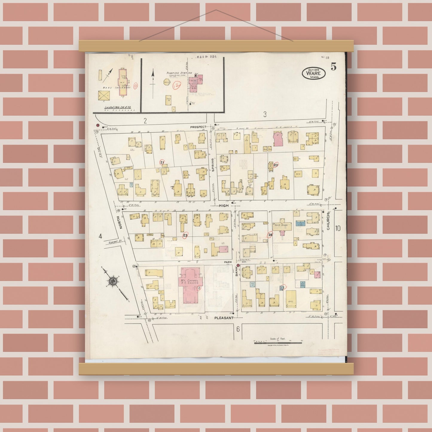 Old map wall art mockup — magnetic wood frame on brick wall — Sanborn Fire Insurance Map from Ware, Hampshire County, Massachusetts (1946), Sheet #0005