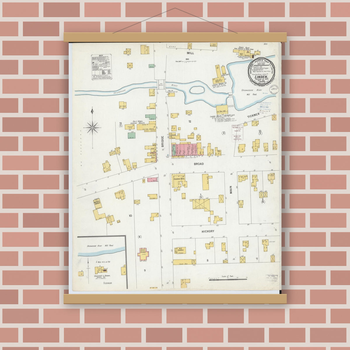 Old map wall art mockup — magnetic wood frame on brick wall — Sanborn Fire Insurance Map from Linden, Genesee County, Michigan (1900), Sheet #0001
