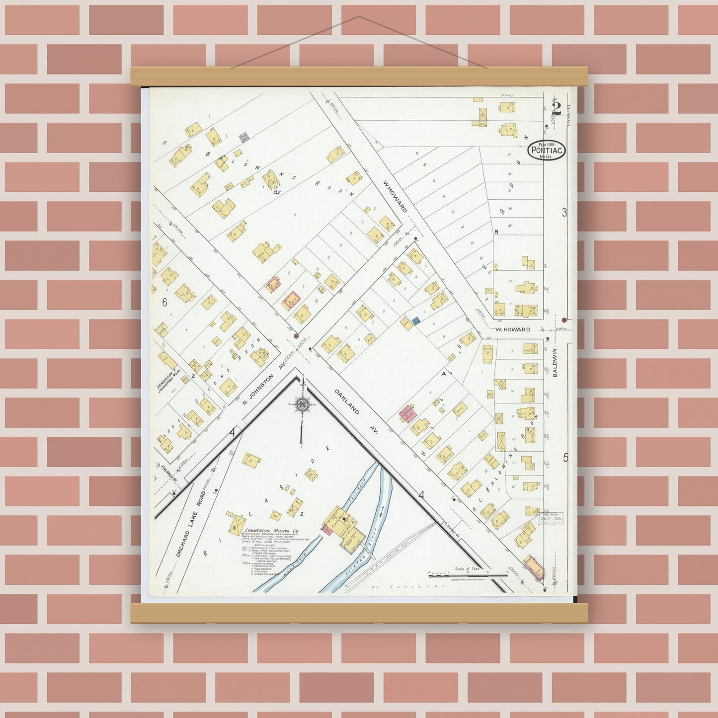Old map wall art mockup — magnetic wood frame on brick wall — Sanborn Fire Insurance Map from Pontiac, Oakland County, Michigan (1919), Sheet #0002
