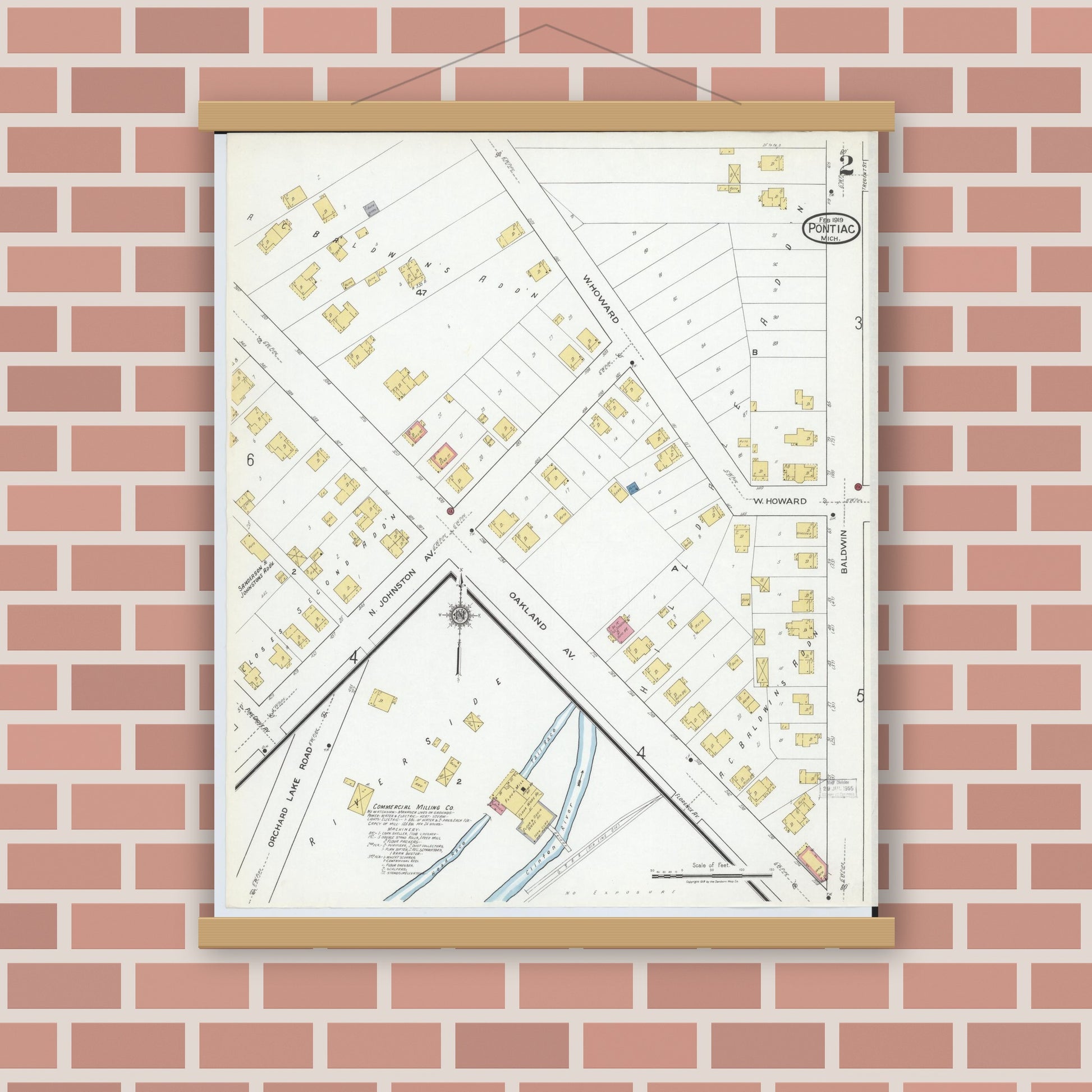 Old map wall art mockup — magnetic wood frame on brick wall — Sanborn Fire Insurance Map from Pontiac, Oakland County, Michigan (1919), Sheet #0002