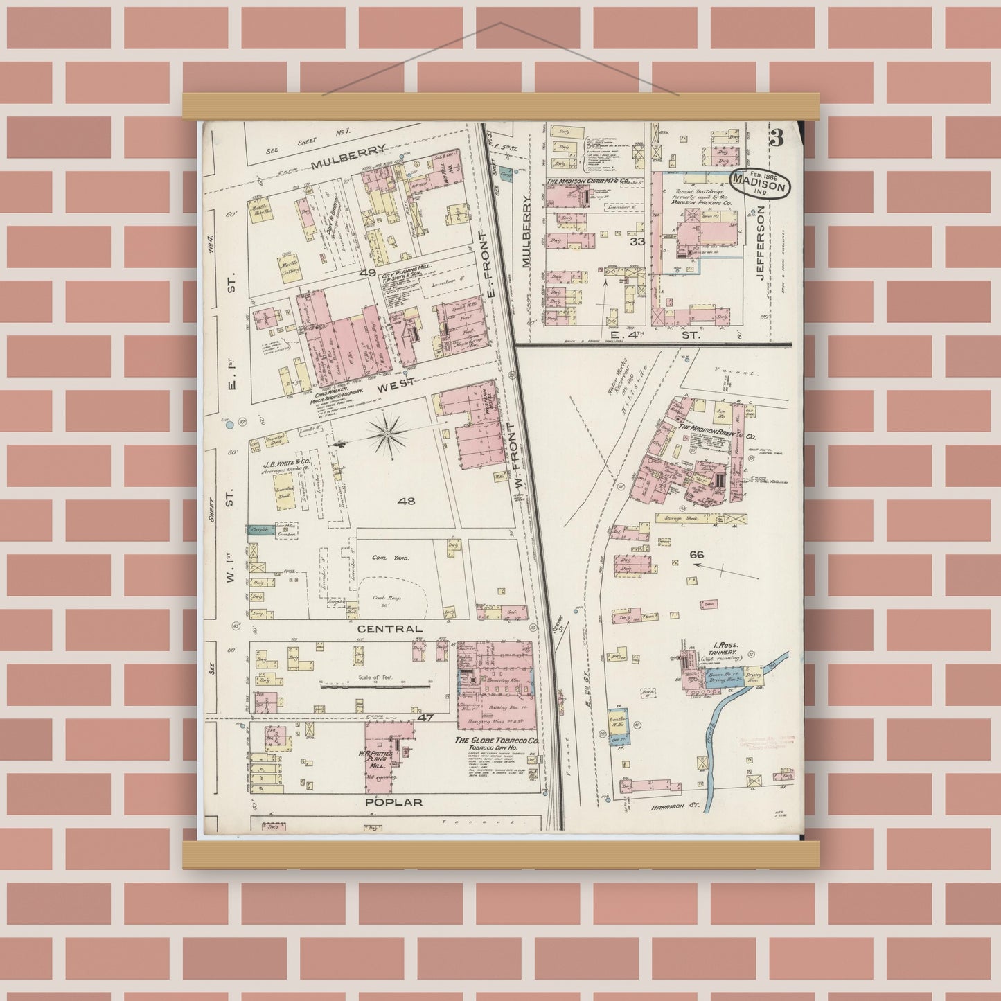 Old map wall art mockup — magnetic wood frame on brick wall — Sanborn Fire Insurance Map from Madison, Jefferson County, Indiana (1886), Sheet #0003