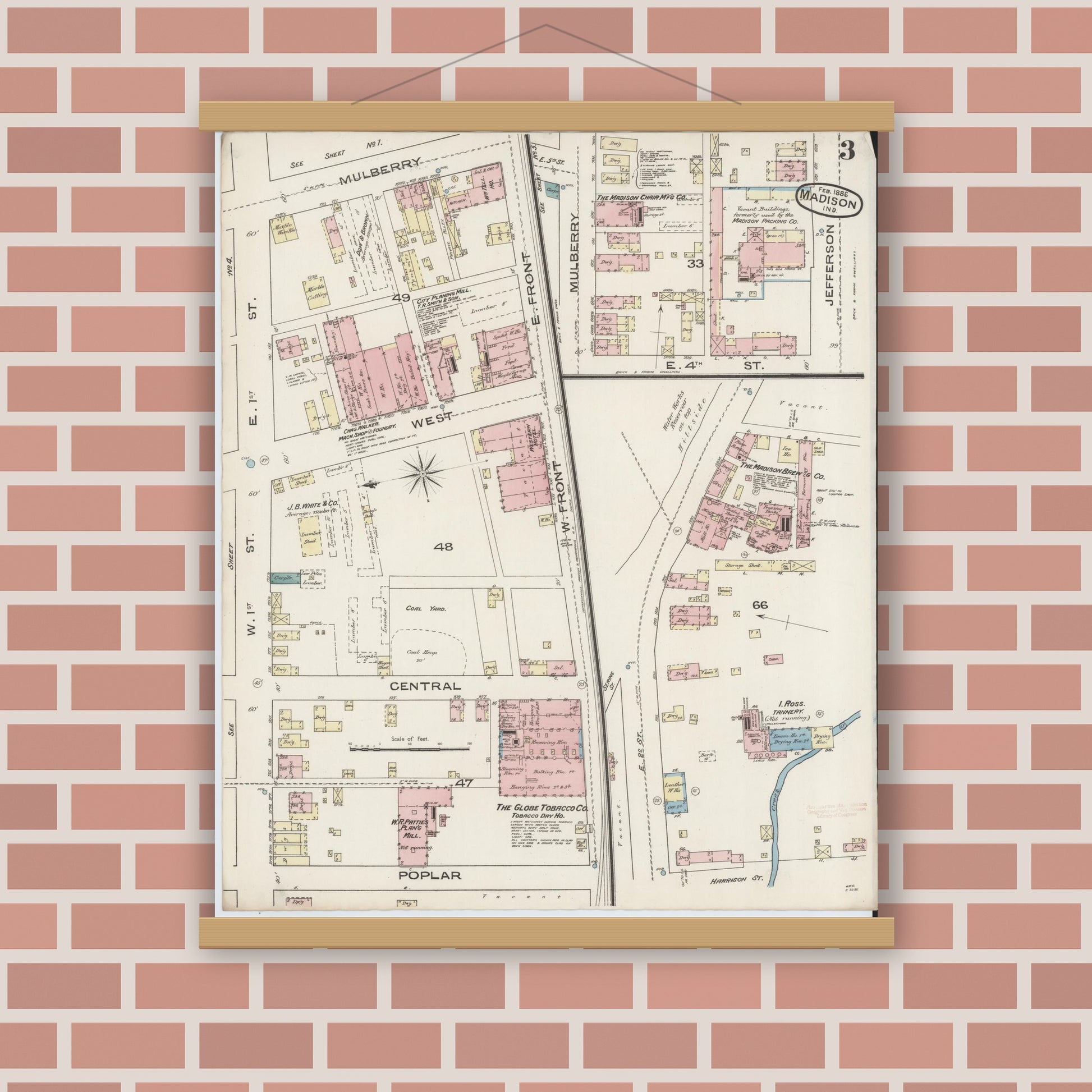 Old map wall art mockup — magnetic wood frame on brick wall — Sanborn Fire Insurance Map from Madison, Jefferson County, Indiana (1886), Sheet #0003