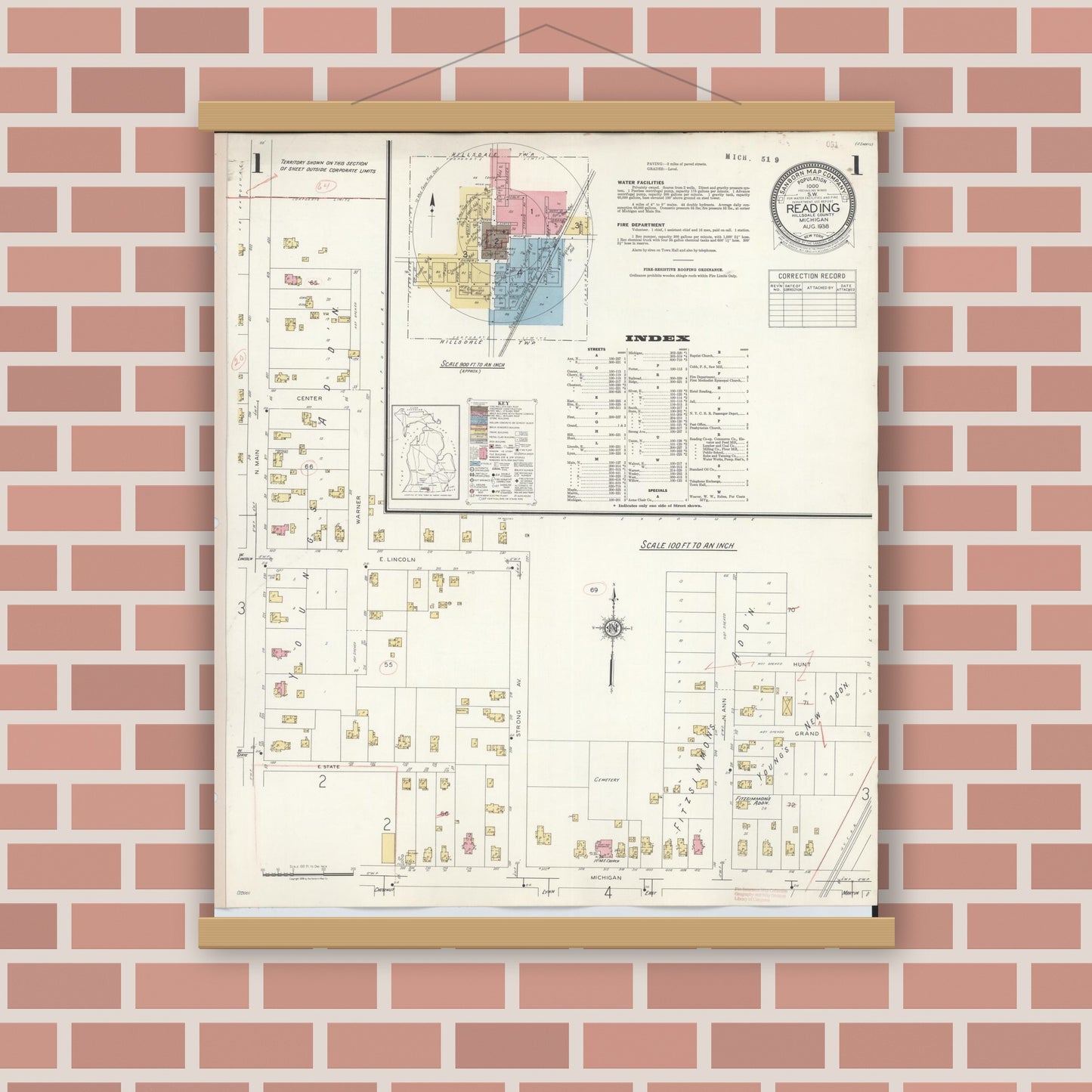 Old map wall art mockup — magnetic wood frame on brick wall — Sanborn Fire Insurance Map from Reading, Hillsdale County, Michigan (1938), Sheet #0001
