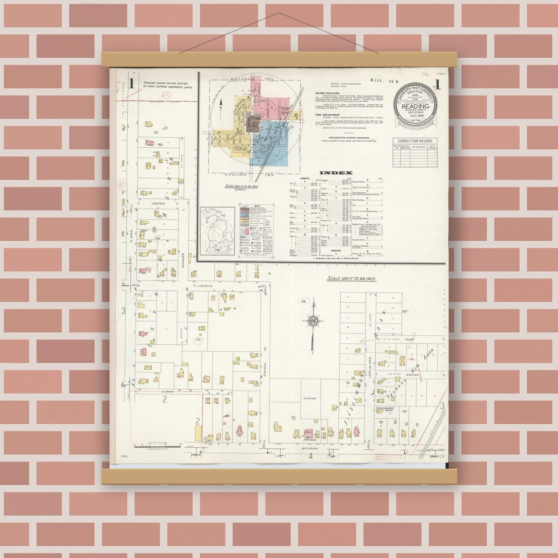 Old map wall art mockup — magnetic wood frame on brick wall — Sanborn Fire Insurance Map from Reading, Hillsdale County, Michigan (1938), Sheet #0001